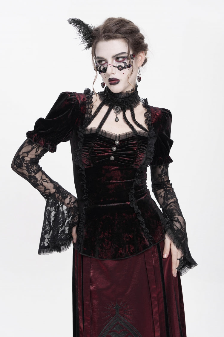 Red  Long Trumpet Sleeves Lace Mesh Faux Two-Piece Pleated Eyelet Women's Gothic Palace Velvet Blouse - Product - 11