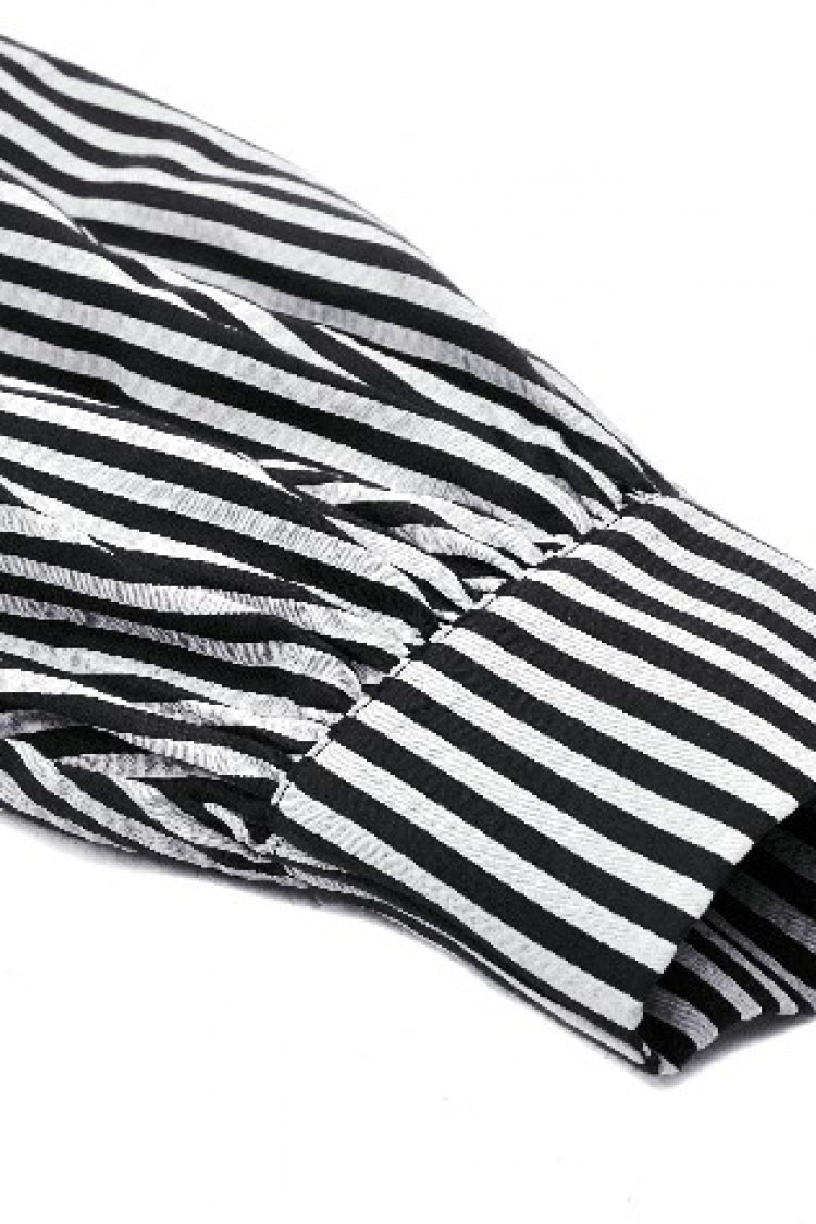 Black/White Skull Lace Jabot Striped Lapel Collar Long Sleeves Ruffled Women's Lolita Gothic Blouse - Product - 17