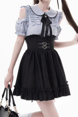 Black/Blue Off Shoulder Short Sleeves Ruffle Bowknot Sweet Jirai Kei Japanese Set - Product - 2