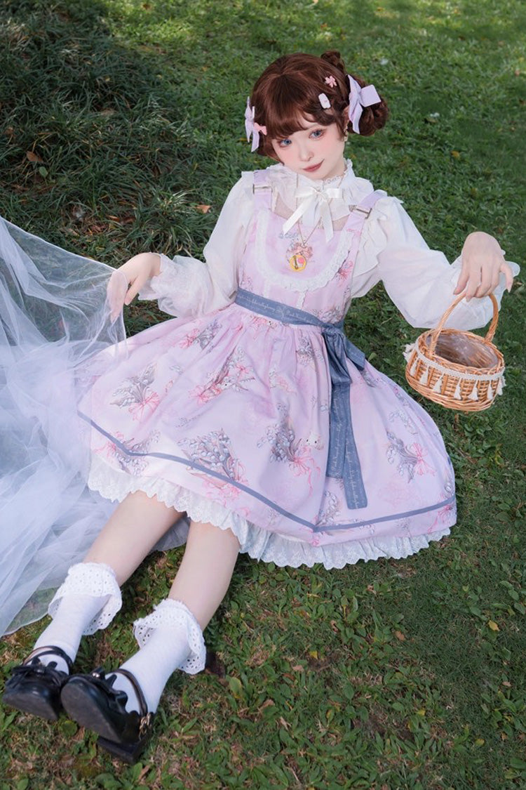 Pink [Lily of the Valley Rabbit] Sleeveless Print Ruffle Bowknot Daily Sweet Lolita Strap Dress - Product - 2