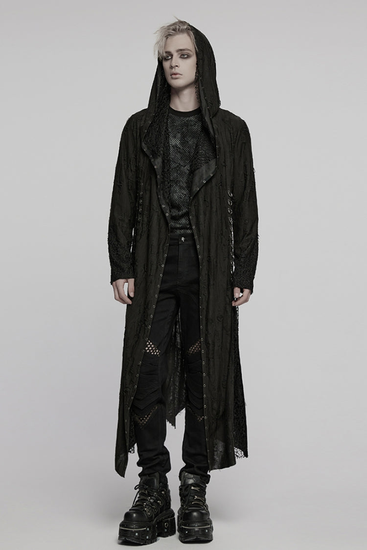 Black Long Sleeves Stitching Irregular Hooded Mesh Ripped Men's Gothic Coat - Product - 4