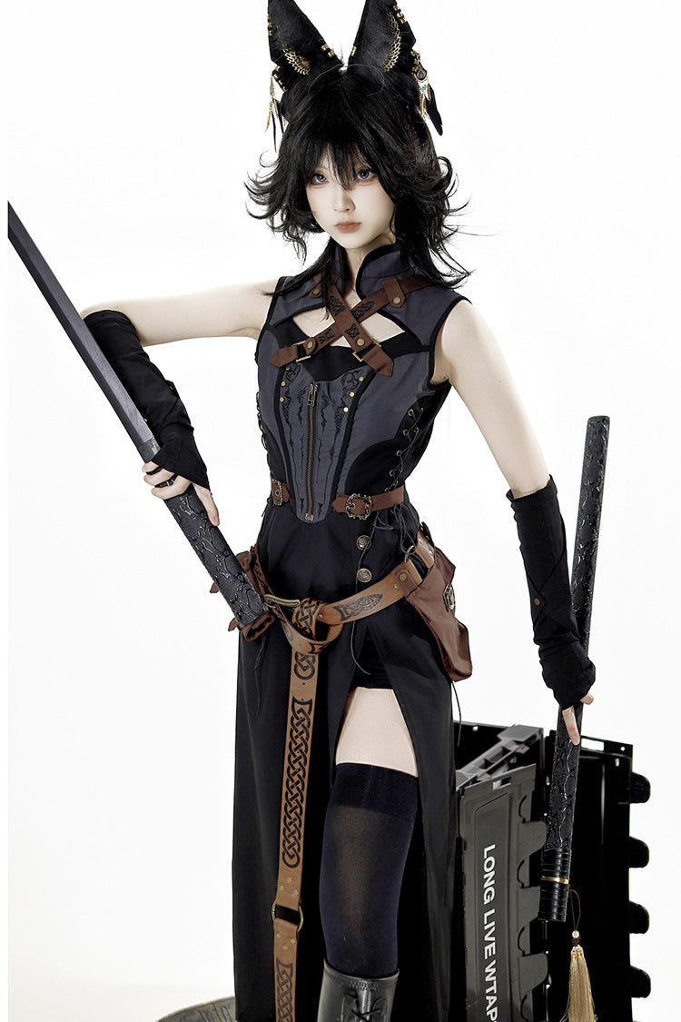 Black/Grey [Phantom of the Night] Sleeveless Lace-Up Fashion Gothic Punk Lolita Dress - Product - 5