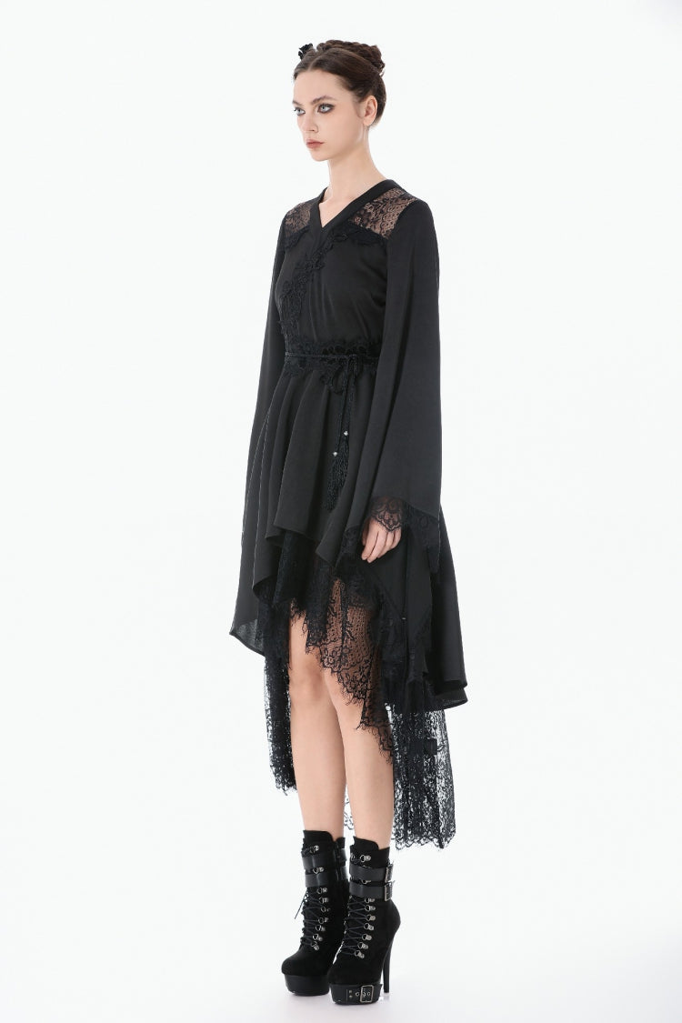 Black V Collar Long Trumpet Sleeves Lace Sheer Women's Gothic Kimono High Low Long Dress - Product - 2