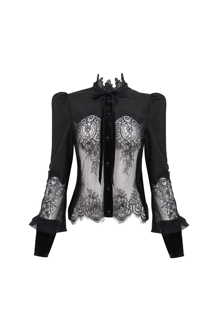 Black High Collar Translucent Lace Patchwork Bow Decoration Long Sleeve Women's Gothic Shirt - Product - 8