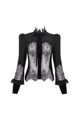 Black High Collar Translucent Lace Patchwork Bow Decoration Long Sleeve Women's Gothic Shirt - Product - 8