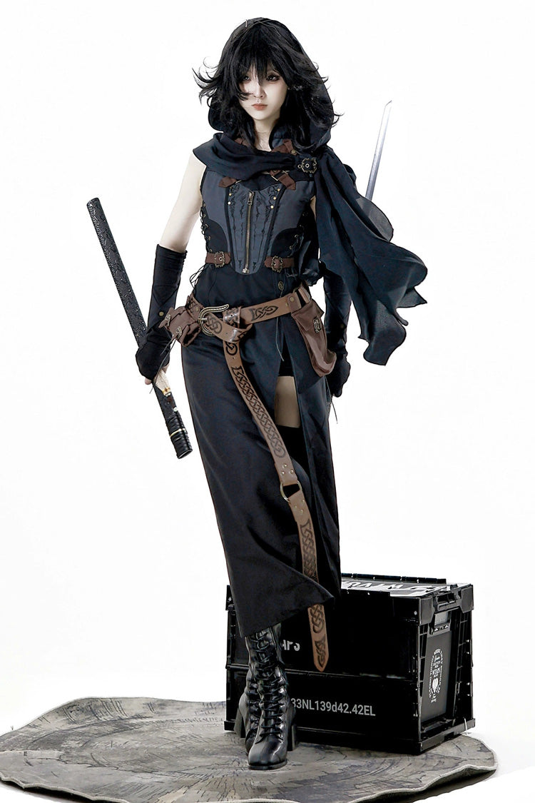 Black [Shadow Wasteland] Sleeveless Lace-Up Zipper Punk Lolita Dress - Black - 1