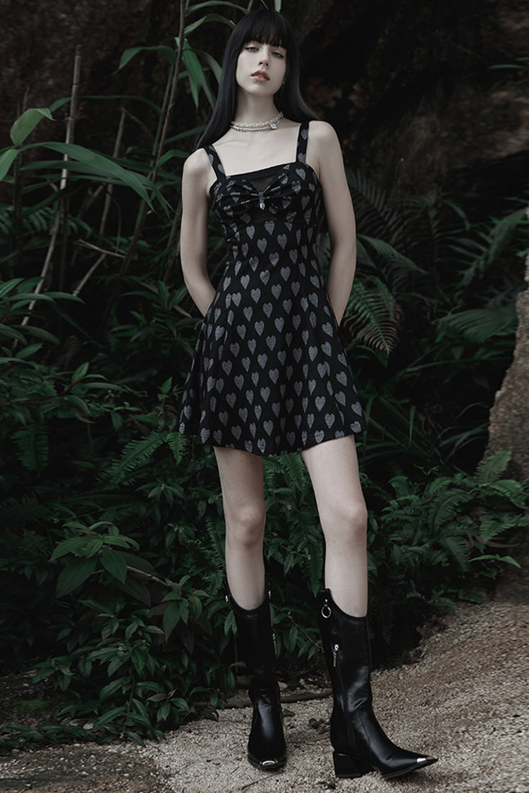 Black/Grey Heart Print Pattern Suspender Hollow Mesh Metal PU Buckle Bow Design Sleeveless Women's Punk Dress - Product - 4