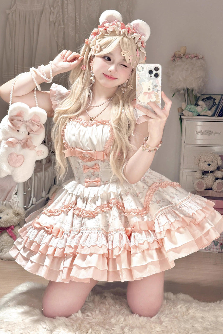 Floral Print Multi-layer Ruffle Bowknot Lace Sweet Lolita Tiered Dress 2 Colors - Product - 3