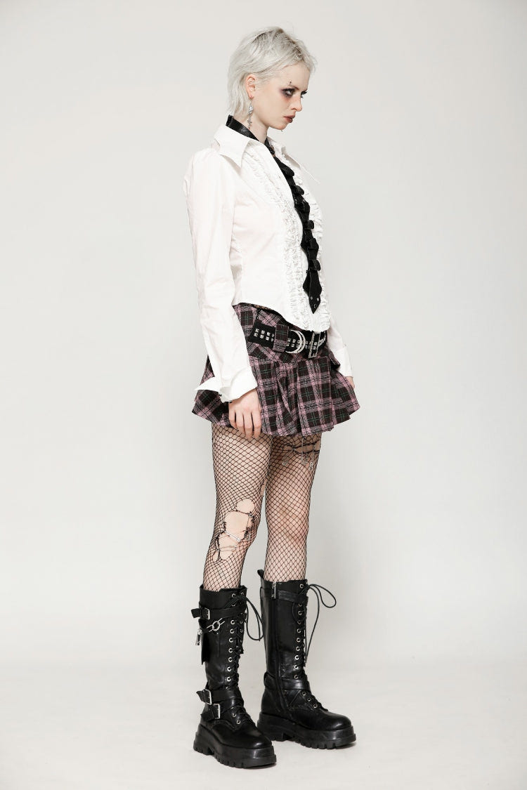 Pink/Brown Buckled Plaid Women's Punk Pleated Mini Skirt - Product - 7