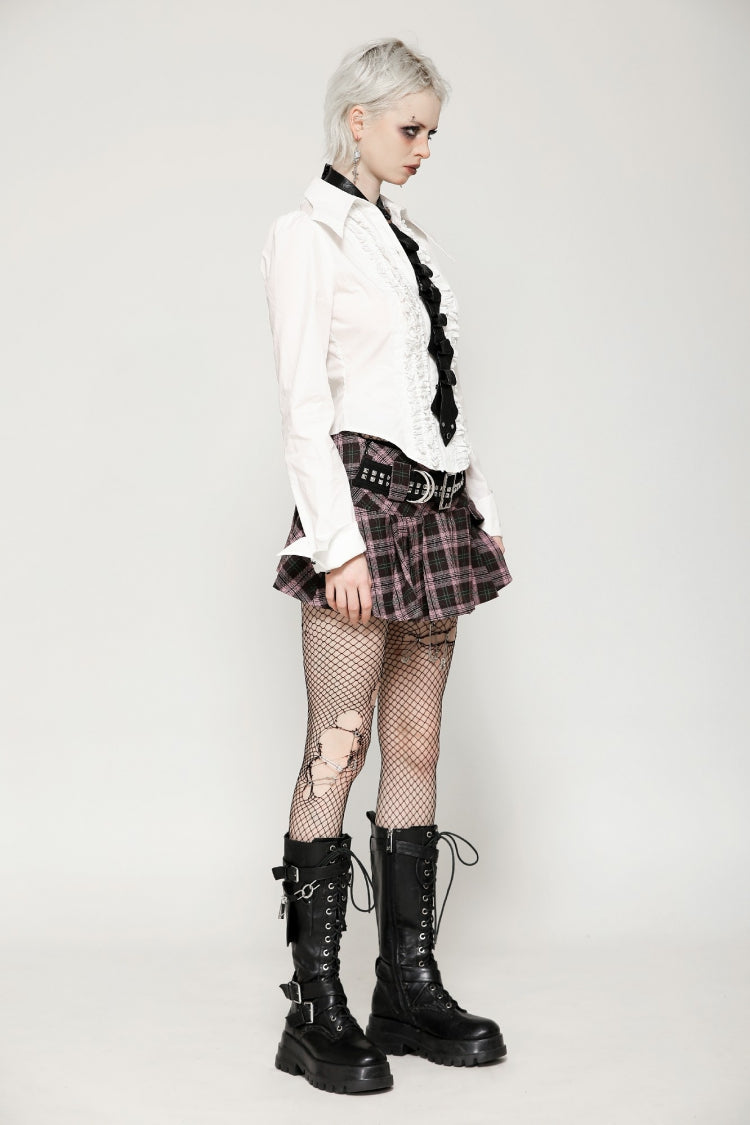 Pink/Brown Buckled Plaid Women's Punk Pleated Mini Skirt - Product - 7