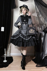 Black [Point Manor] Stand Collar Long Sleeves Multi-Layered Striped Printed Ruffled Lifted Hem Bow Gothic Lolita Dress - Black - 1