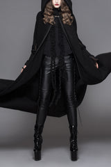 Black Detachable Feather 3D Ribbons Decorated Woollen Hooded Women's Gothic Cape - Black - 1
