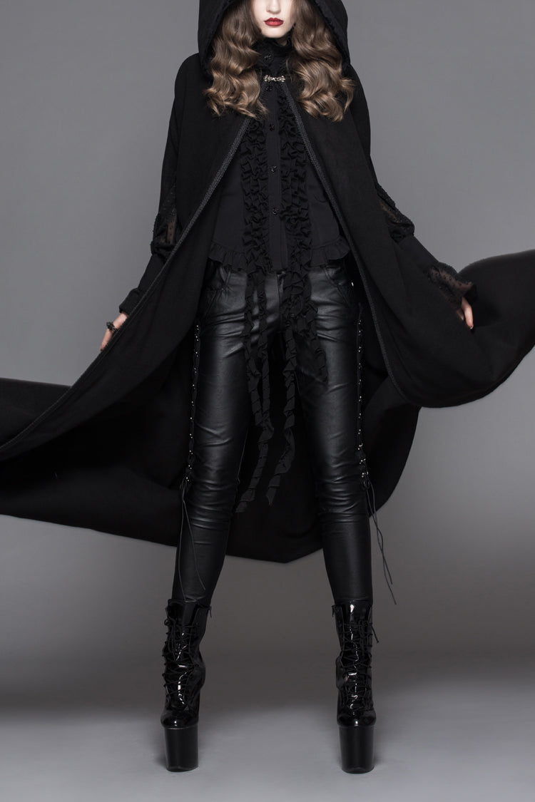 Black Detachable Feather 3D Ribbons Decorated Woollen Hooded Women's Gothic Cape - Black - 1