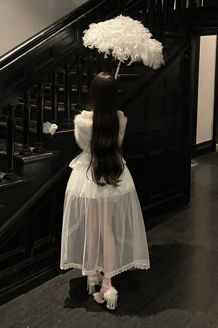 White [First Snow] Long Sleeves Lace Irregular Sweet Lolita Skirt Three-piece Set - Product - 8