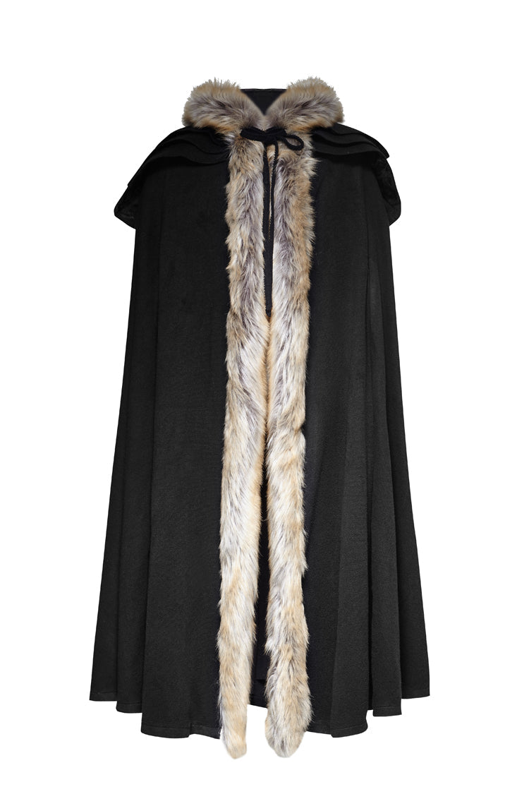Black Hooded Fur Collar Wool Long Mens Gothic Coat Cloak - Product - 6