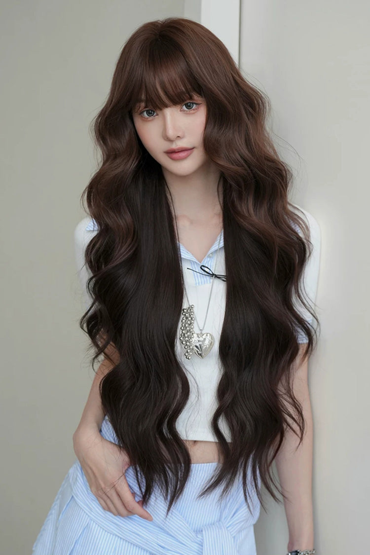 Light-Root Chestnut Brown Ombre Natural Fluffy Long Big Wavy Sweet Lolita Wig with Air Bangs - Product - 6