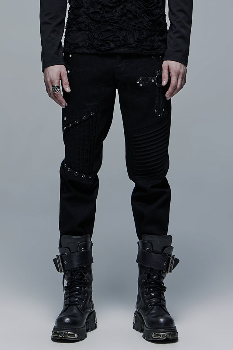 Black Cross Decoration Ripped Men's Steampunk Pants - Black - 1