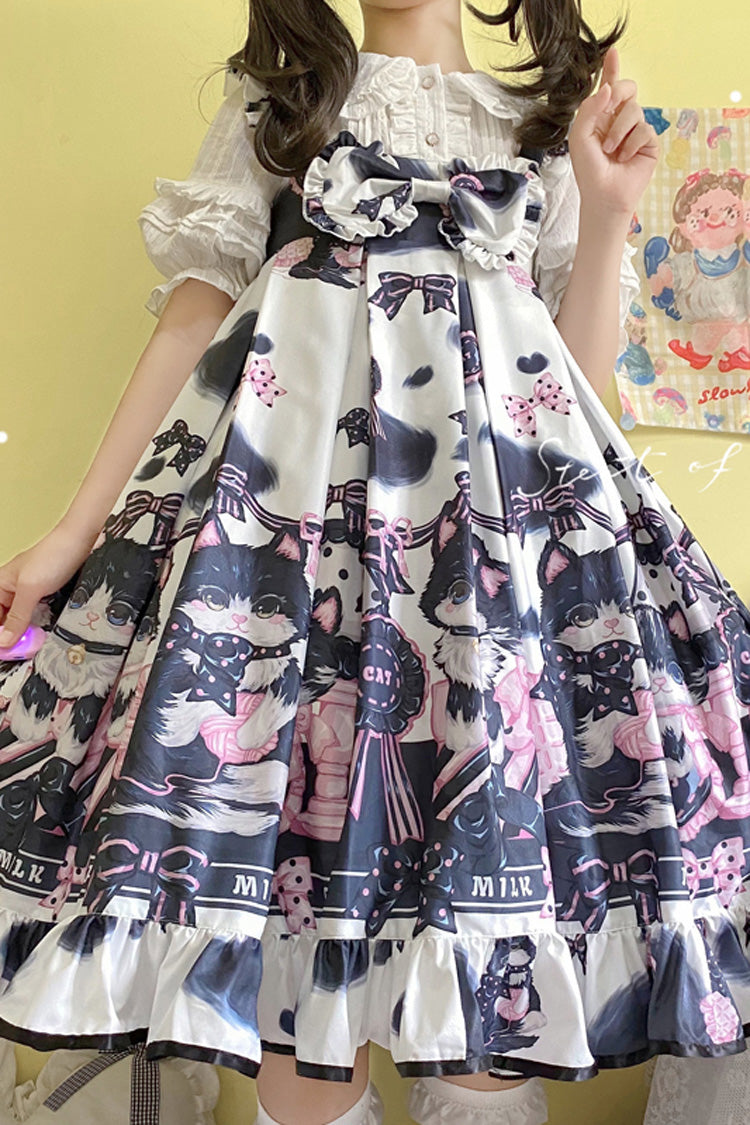 Multi-Color Cow Cat Print Ruffle Bowknot Sweet Lolita Jsk Dress - Product - 2
