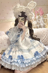 White/Blue [Layered Sea Salt Ice] Short Sleeves Ruffle Bowknot Lace Sweet Lolita Dress - Product - 7
