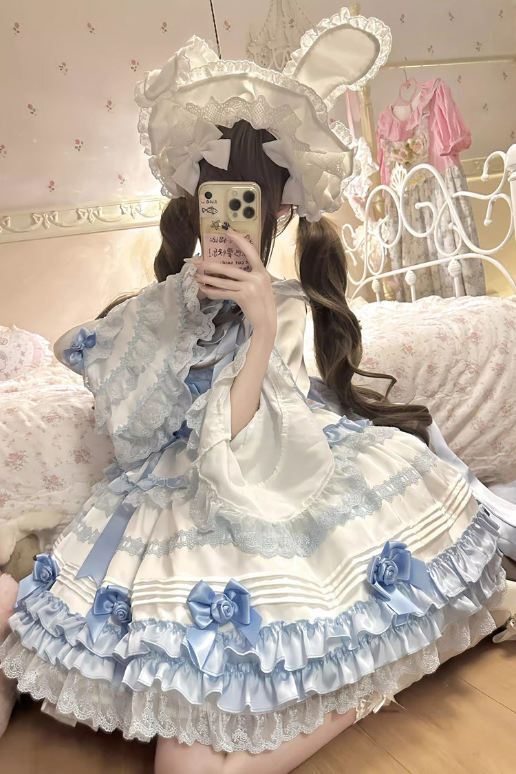 White/Blue [Layered Sea Salt Ice] Short Sleeves Ruffle Bowknot Lace Sweet Lolita Dress - Product - 7