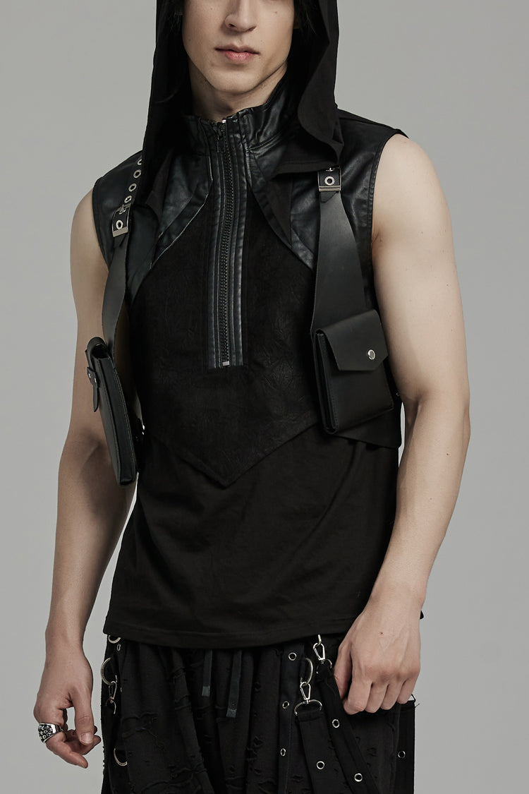 Black Faux Leather Vest Straps Men's Steampunk Vest Bag - Black - 1