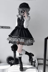 Black [Twilight Song] Stripe Print Bowknot Lace Jirai Kei Jumper Dress - Product - 5