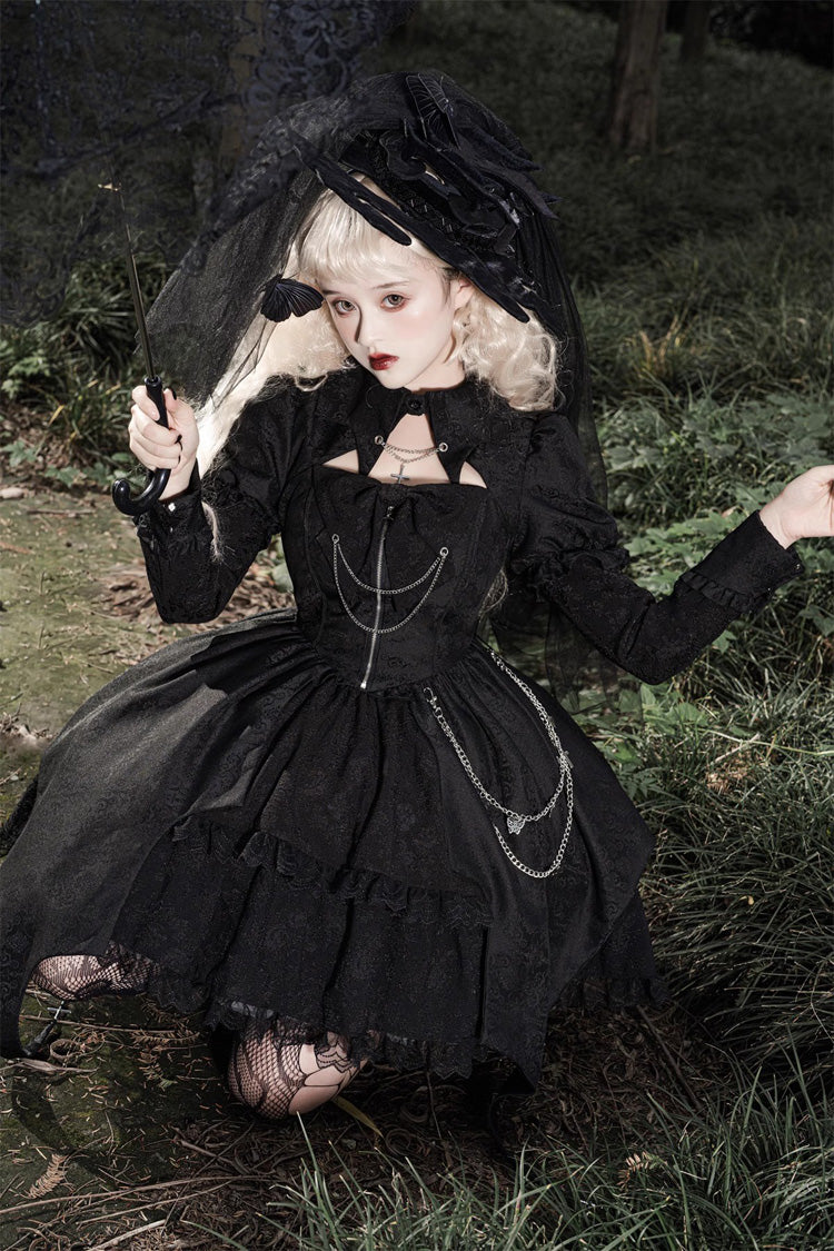 Black Dark Night Law Long Sleeves High Waisted Cardigan Bowknot Lace Gothic Lolita Dress - Product - 9