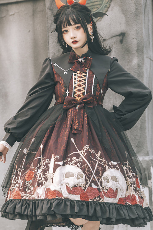 Black/Red Lapel Collar Long Sleeves High Waisted Printed Gothic Lolita OP Dress - Product - 4