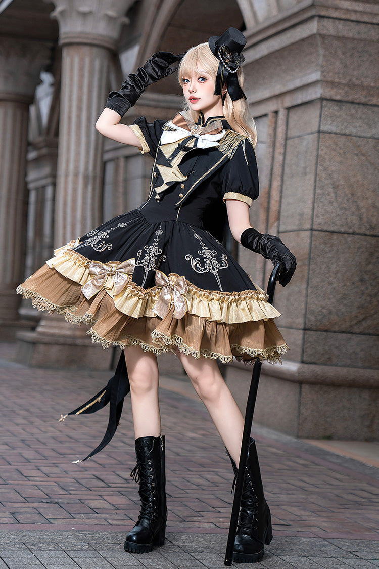 Black [Gilded Oath] Short Sleeves Double-Layered Ruffle Embroidery Bowknot Gothic Lolita Dress - Product - 16