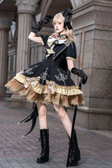 Black [Gilded Oath] Short Sleeves Double-Layered Ruffle Embroidery Bowknot Gothic Lolita Dress - Product - 16