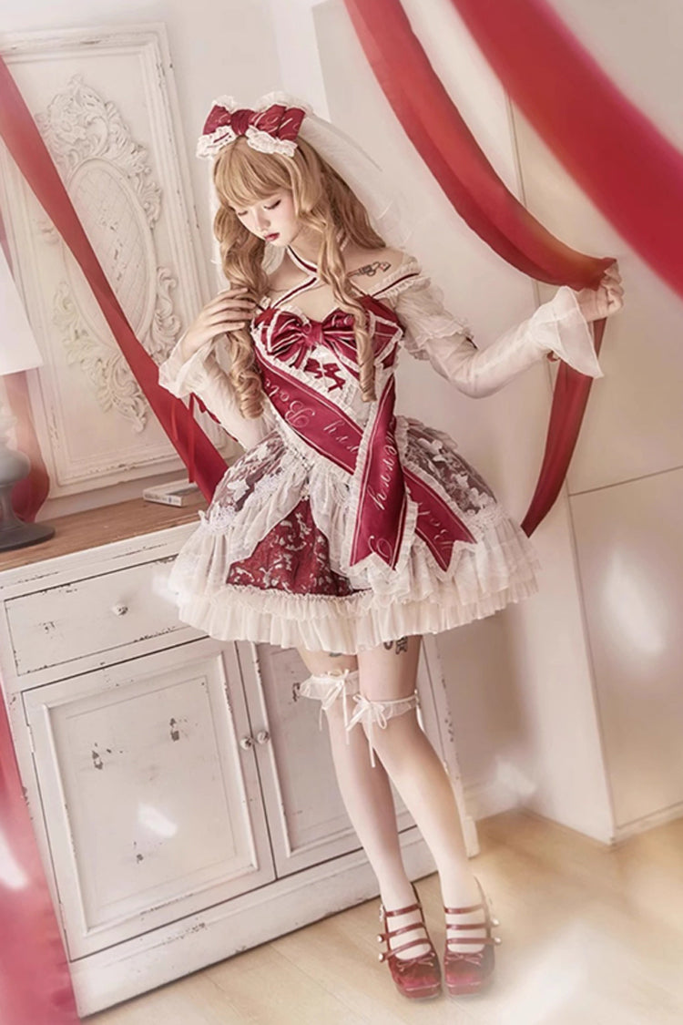 Red [Lilibet] Print Ruffle Cardigan Bowknot Lace Fishbone Sweet Lolita Dress - Product - 7