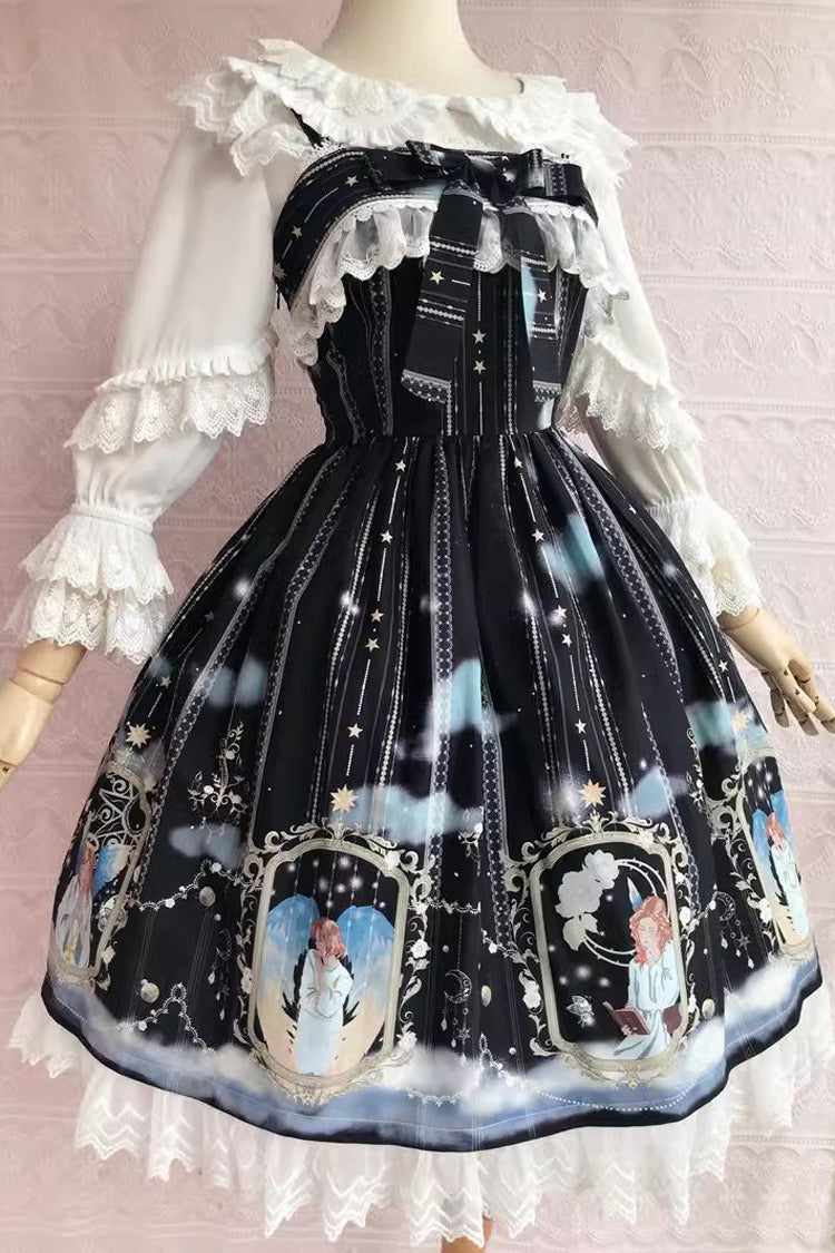 Blessing of Oriel Print Ruffle Bowknot Stitching Lace Sweet Lolita Jsk Dress 4 Colors - Black - 1
