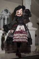 [Heretical Nun] Sleeveless Multi-Layered Printed Ruffled Open-Front Gothic Plus Size Lolita Strap Dress Short Version 2 Colors - Black/Red - 1