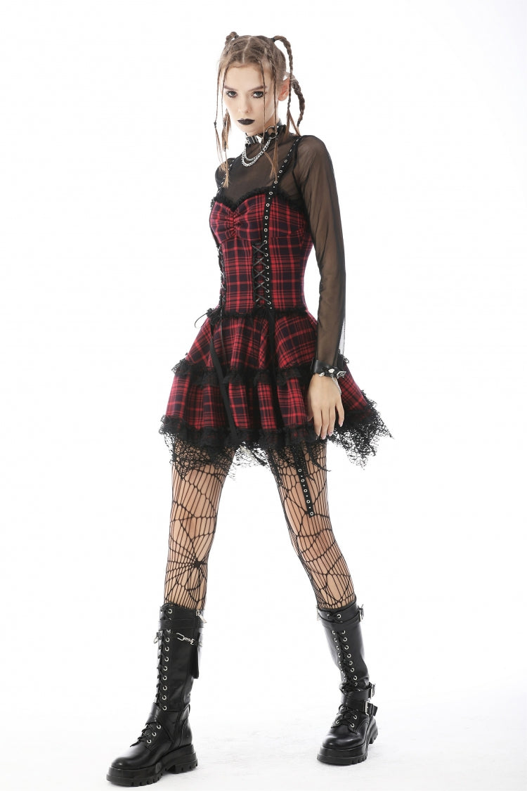 Red Sleeveless Hem Plaid Layered Lace Women's Punk Mini Strap Dress - Product - 2