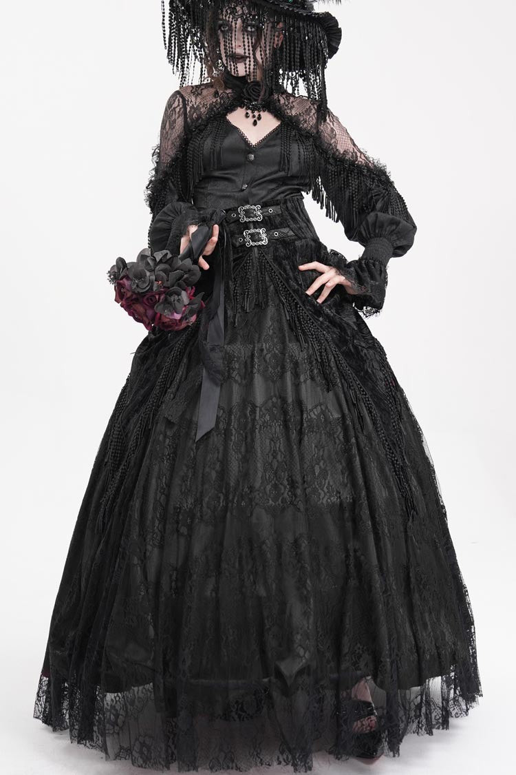 Black Print Embroidery Tassels Buckle-up Lace-Up Women's Gothic Long Skirt - Black - 1