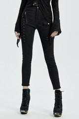 Buttonhole Drawstring Stitching Lace-Up Mesh Women's Steampunk Skinny Jeans Pants 2 Colors - Black - 9