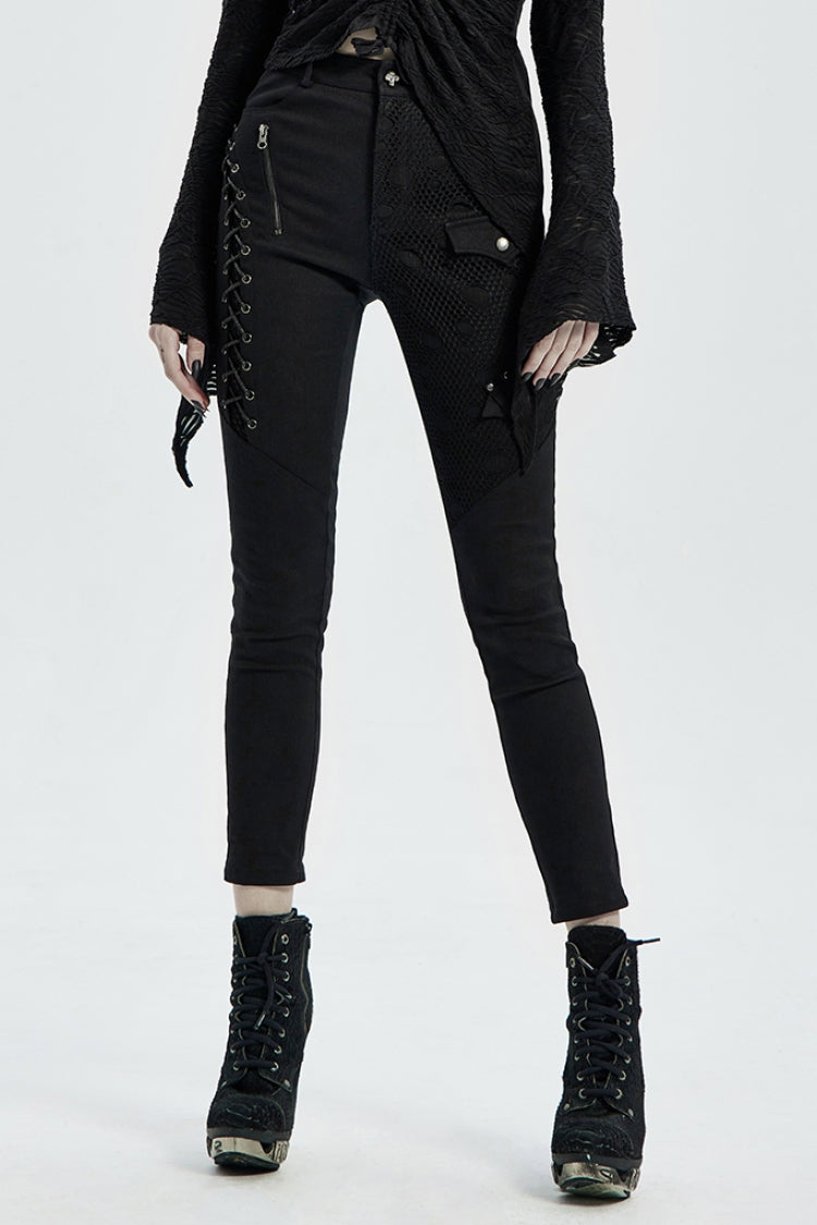 Buttonhole Drawstring Stitching Lace-Up Mesh Women's Steampunk Skinny Jeans Pants 2 Colors - Black - 9