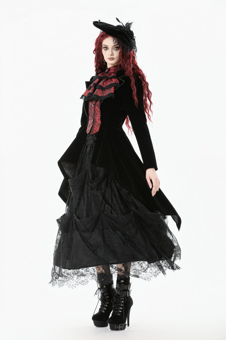 Black/Red Peak Lapel Collar Long Sleeves Multi-Layered Lace Mock Two-piece Women's Gothic Tailcoat - Product - 6