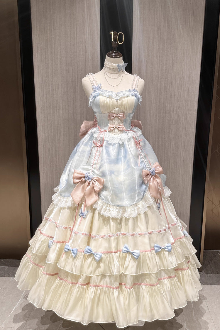 Apricot/Blue/Pink Multi-layer Ruffle Hanayome Bowknot Sweet Princess Gorgeous Long Lolita Jsk Dress - Apricot/Blue/Pink - 1