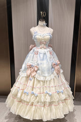 Apricot/Blue/Pink Multi-layer Ruffle Hanayome Bowknot Sweet Princess Gorgeous Long Lolita Jsk Dress - Apricot/Blue/Pink - 1