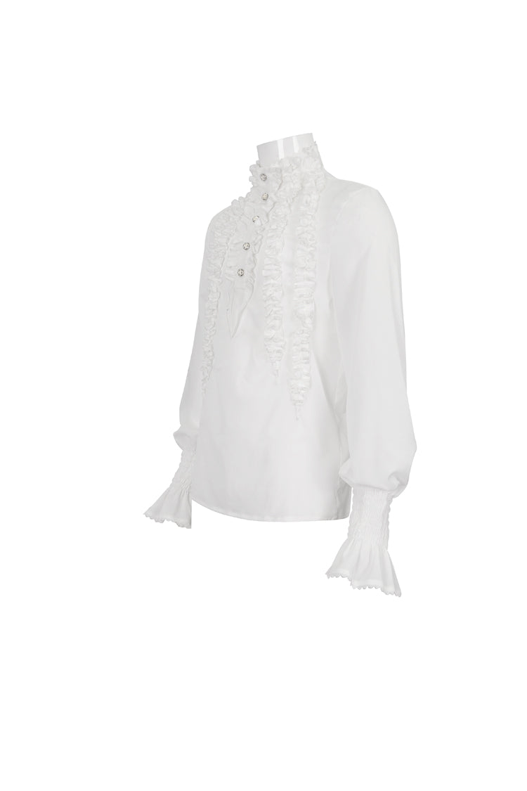 White Irregular Stand Collar Puff Sleeved Ruffled Men's Gothic Shirt - Product - 7