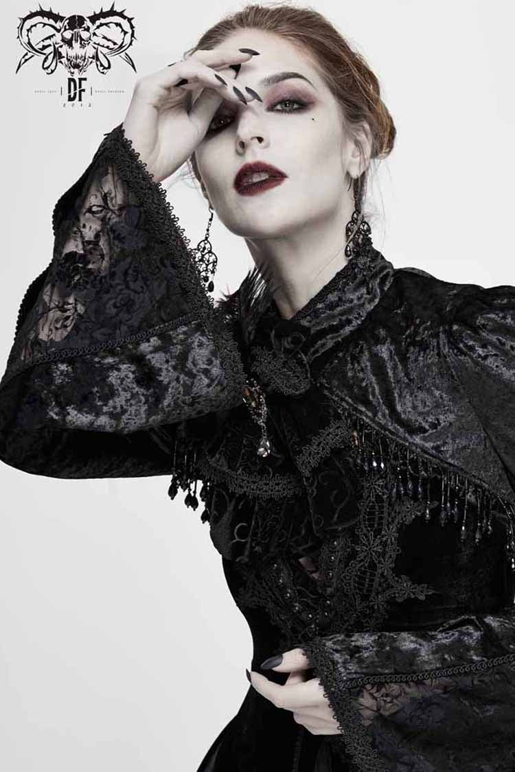 Black Lace Velvet Bubble Trumpet Sleeve Women's Gothic Small Shawl - Product - 6