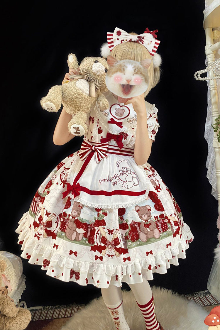 Red/White Short Sleeves Strawberry Bear Print Ruffle Bowknot Sweet Plus Size Lolita Dress - Product - 4