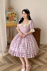 Purple Square Collar Heart Print Ruffled Short Sleeves Plus Size Sweet Lolita OP Dress - Product - 3