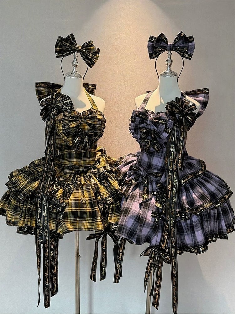 Yellow Sweet Bow Halter Plaid Lolita Dress Full Set + KC + Brooch + Hair Clip - view 10