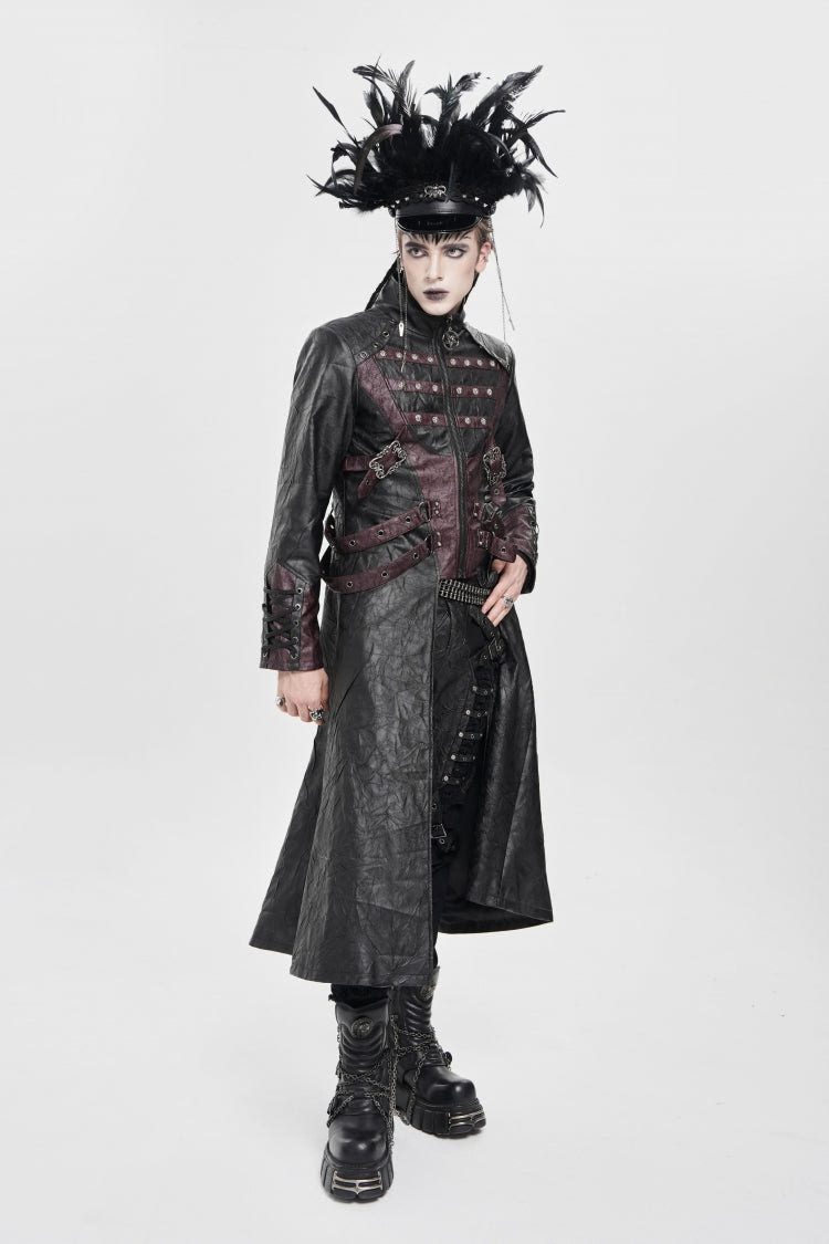 Black/Red Stand Collar Zipper Straps Eyelet Men's Punk Coat - Product - 11