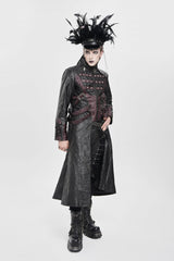 Black/Red Stand Collar Zipper Straps Eyelet Men's Punk Coat - Product - 11
