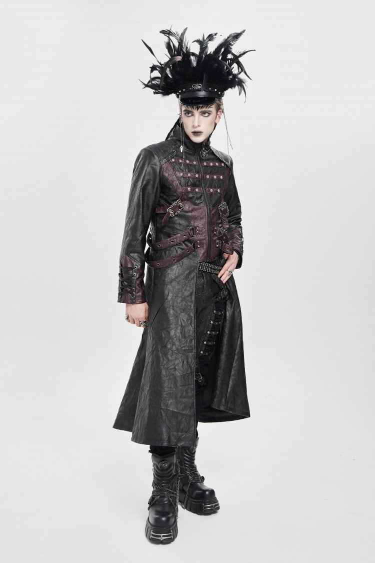 Black/Red Stand Collar Zipper Straps Eyelet Men's Punk Coat - Product - 11