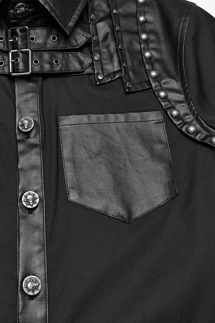 Black Lapel Collar Long Sleeves Faux Leather Stitching Buckle Men's Punk Blouse - Product - 6
