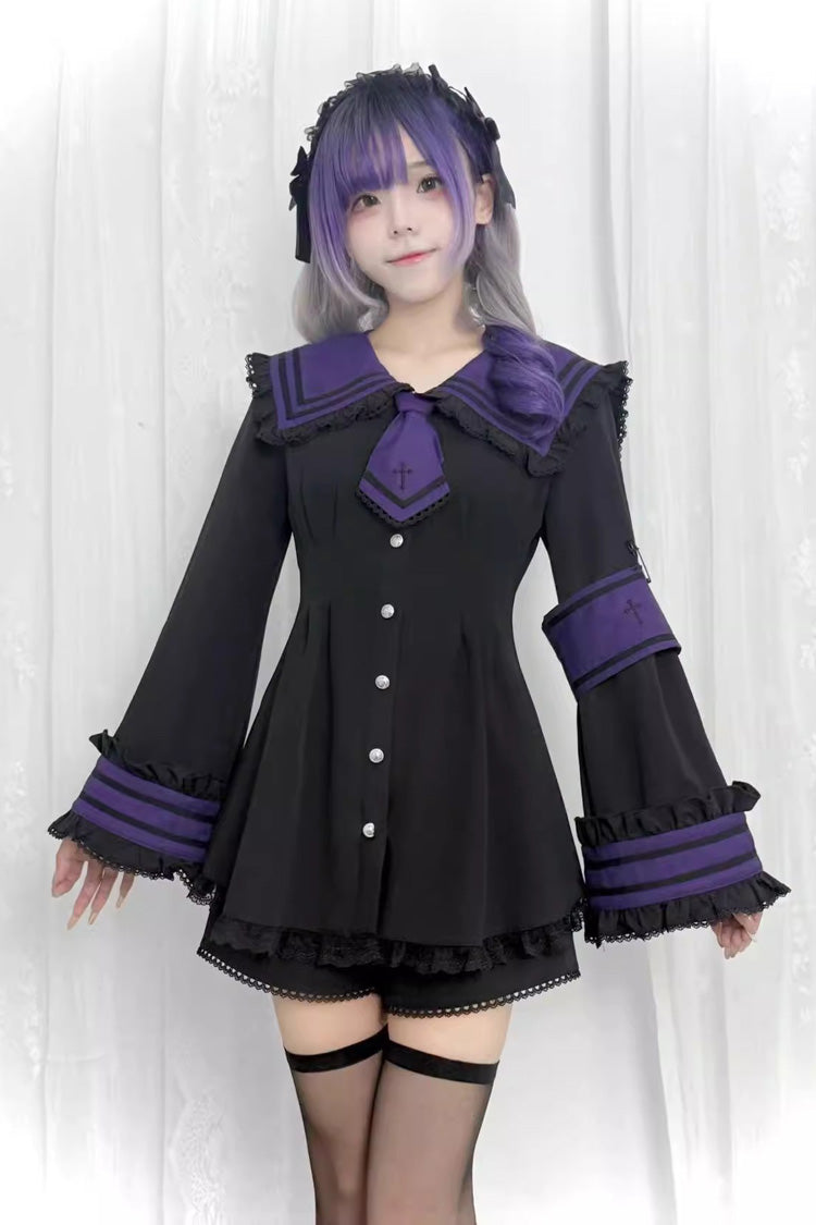 Japanese Long Sleeves Ruffle Bowknot Lace Jirai Kei Dress Shorts Set 4 Colors - Black/Purple - 4